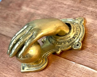 vintage brass hand door knocker 6 inches ornate Victorian antique style handmade heavy solid brass sculpture knocker hand with ball