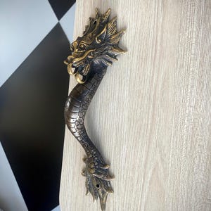 Black Bronze Dragon Door Handle 12 Inch Handmade Brass Fantasy Decor Java Island Unique Front Door Pull Gothic Home Accent Sculpture