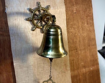 Brass Door Bell with Pull Chain, Ship Wheel Wall Bell, Nautical Door Chime, Vintage Coastal Entry Bell