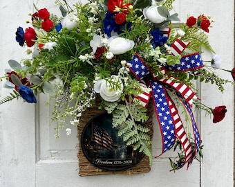 Patriotic Door Hanger Basket Wreath Americana Freedom Sign Display Fourth July Independence Day Memorial Veteran Home Entrance Front Porch
