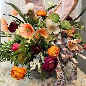 Easter Floral Arrangement Spring Centerpiece Bunny Ears Holiday Decoration Tulip Display Seasonal Flowers Festive Design Orange Pink Home