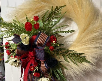 Corona patriótica para puerta, decoración bohemia de hierba de las pampas, celebración del Día de la Independencia, conmemoración del 4 de julio, pared americana, gran entrada principal