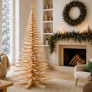 May include: A tall, conical Christmas tree constructed from stacked, horizontal light-colored wooden slats. The tree features a star-shaped topper and a central vertical support, standing as a sculptural piece in a living room setting.