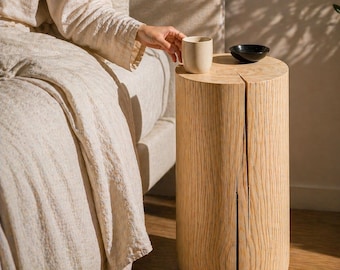 Carved Wooden Bedside Table, Solid Ash Wood Pedestal, Minimalist Nightstand, Handcrafted Luxury Side Table, Calm Interior Decor