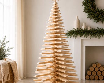 Könnte beinhalten: Ein hoher, kegelförmiger Weihnachtsbaum aus gestapelten, horizontalen hellen Holzlatten. Die Struktur verfügt über eine zentrale vertikale Stütze und ist mit einem einzelnen, flachen, achtstrahligen Holzstern als Spitze versehen.