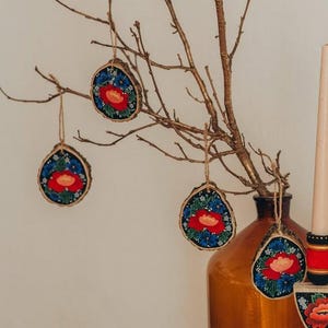 Rustic wooden tree ornament, hand painted red flower decor, eco Xmas tree decoration, Ukrainian ethnic folk art Christmas ornament,