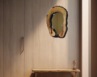 Espejo de madera natural, espejo de marco grueso, espejo de borde natural, espejo grande, decoración escandinava, espejo de pared rústico, espejo de madera asimétrico