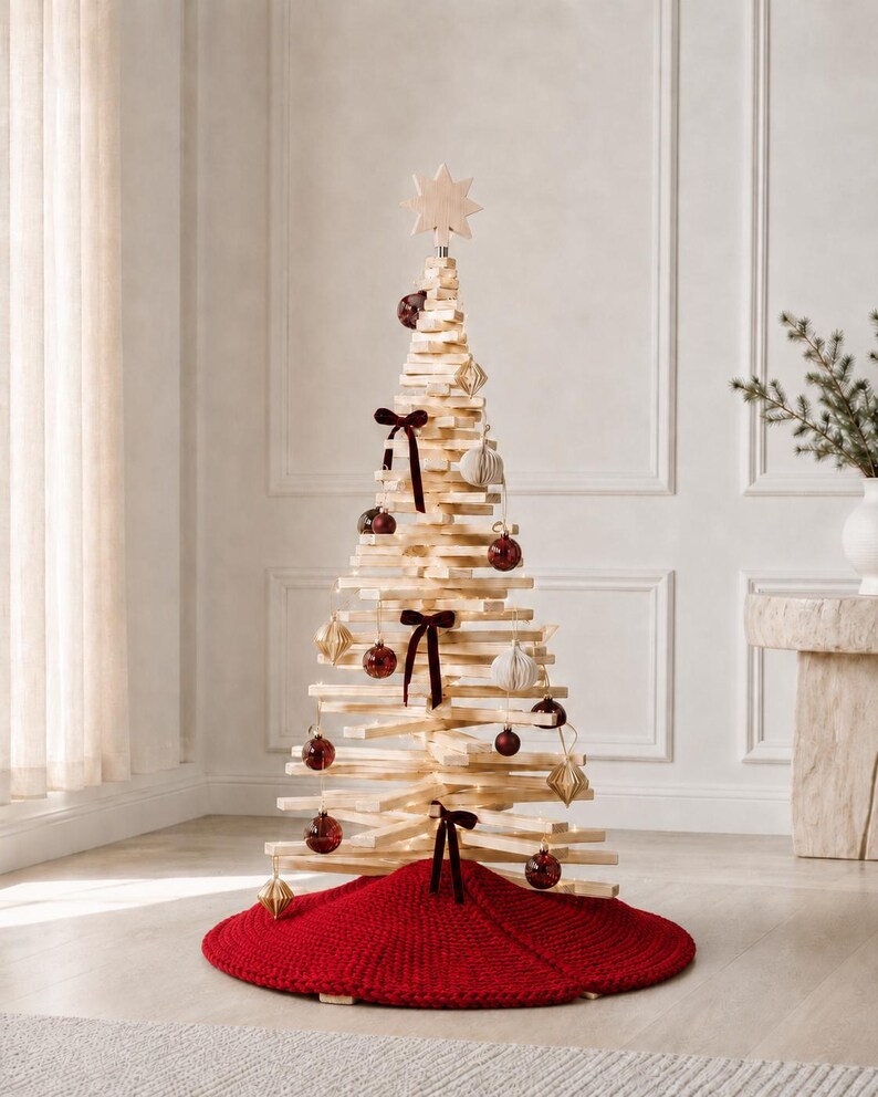 May include: A tiered wooden Christmas tree constructed from horizontal slats, topped with a wooden star. The tree is decorated with dark red velvet bows, round dark red ornaments, and white paper ornaments, resting on a circular red knit tree skirt.