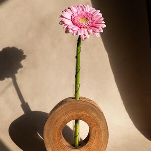 May include: A single pink gerbera daisy in a wooden vase with a glass tube insert. The vase is circular in shape with a hole in the centre for the flower stem.