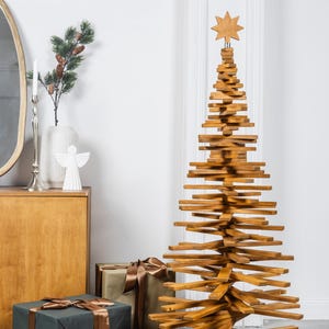 Alternative dark Christmas tree, faux Christmas tree, tall coffee color tree, designer trend 2025, seasonal wood decor, housewarming gift