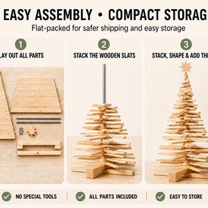 May include: An instructional graphic showing the assembly of a wooden Christmas tree. It features three steps: laying out wooden slats and parts, stacking slats onto a central metal rod, and placing a wooden star topper on the finished tree structure.