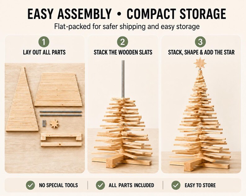 May include: An instructional graphic showing the assembly of a wooden Christmas tree. It features three steps: laying out wooden slats and parts, stacking slats onto a central metal rod, and placing a wooden star topper on the finished tree structure.