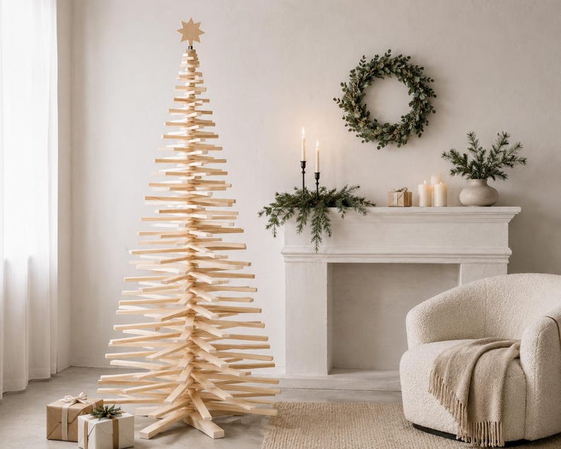 May include: A tall, conical Christmas tree constructed from stacked, horizontal light-colored wooden slats. The tree features a central vertical support and is topped with a small, light-colored wooden star ornament. The structure is freestanding.