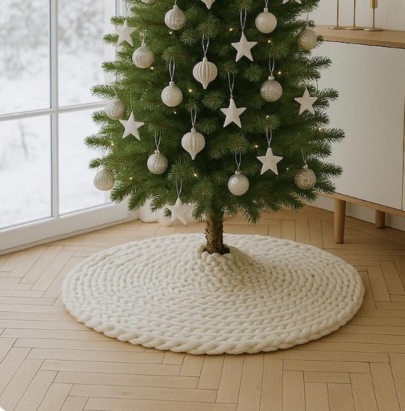 Weißer gewebter Weihnachtsbaum-Rock, gemütlicher Wolltuch, gestrickte Baumdecke, Mini-Baum-weißer Rock, Bauernhaus-Dekor, Weihnachtsgeschenk