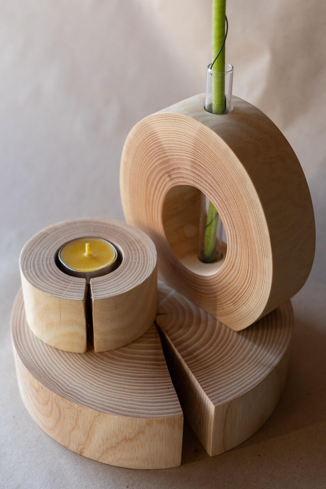 Ash Wood Decor SET, Plant Display, Tea Light Stand, Clear Wooden Vase ...