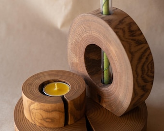 Rustic wooden decor SET, wooden slice vase, slab wood riser, mini wood stand, plant display, coffee tray, wooden tea candle, ash wooden vase