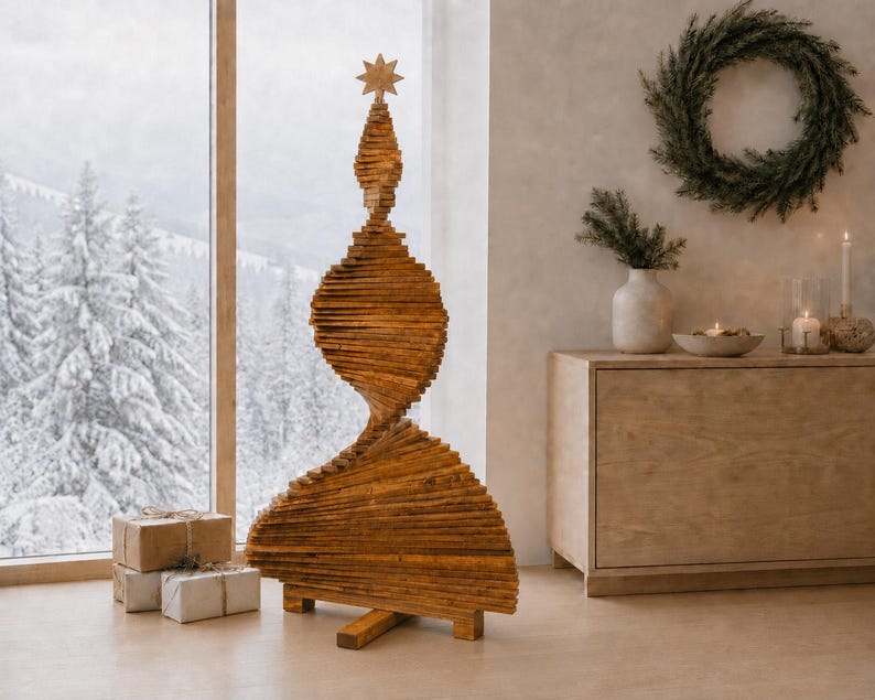 May include: A tall, sculptural Christmas tree made of stacked, horizontal wooden slats in a natural brown finish. The structure features a spiraling, tapered design that narrows toward the top, topped with a small, five-pointed wooden star ornament.