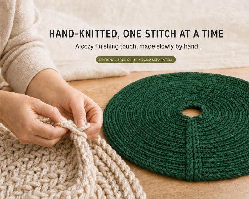 May include: A round, dark green hand-knitted tree skirt with a central opening and a slit. The text reads: HAND-KNITTED, ONE STITCH AT A TIME. A cozy finishing touch, made slowly by hand. OPTIONAL TREE SKIRT &bull; SOLD SEPARATELY.