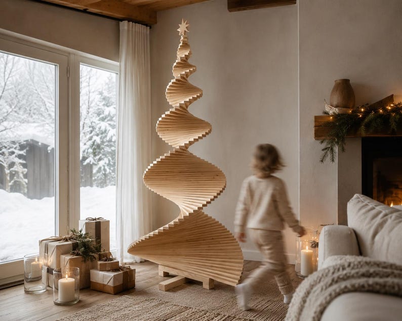 May include: A tall, light-colored wooden Christmas tree sculpture featuring a spiraling, tiered design made of stacked horizontal slats. The structure tapers toward the top, which is topped with a small, carved wooden star ornament.