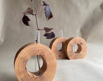 Unique ash wood vase, flat form test tube vase, original home decor, donut form vase, faux flower vase, kitchen table decor, gift for wife