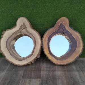 Small asymmetrical mirror, walnut frame mirror, round wood mirror, forest house decor, rustic walnut decor, handmade live edge mirror