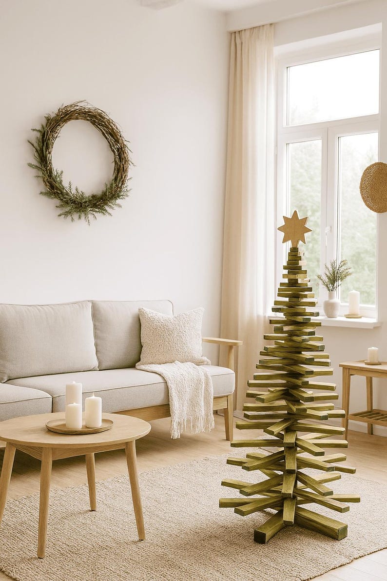May include: A decorative Christmas tree constructed from stacked, horizontal green wooden slats arranged in a conical shape, topped with a light-colored wooden star. The structure stands on a floor, featuring a central vertical support pole.