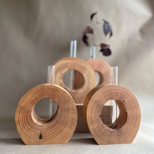 Jarrón único de madera de fresno, jarrón pequeño con flores en rodajas, jarrón decorativo con flores, decoración botánica de tubo de ensayo, jarrón de flores de madera, jarrón de forma redonda