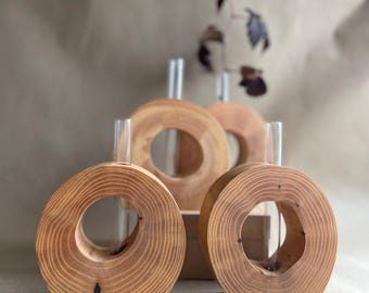 Unique ash wood vase, small flower sliced vase, decorative flowers vase, botanical test tube decor, wooden flower vase, round shape vase