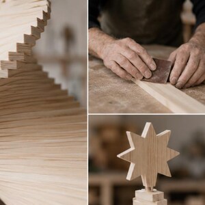 May include: A light-colored wooden structure composed of stacked horizontal slats forming a spiral shape, a close-up of hands sanding a wooden plank with a brown abrasive pad, and a wooden star topper with eight points on a base.