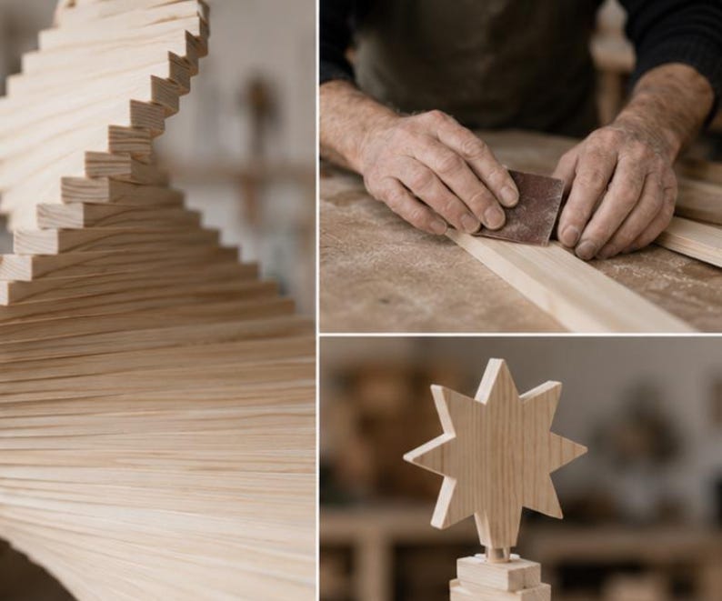 May include: A light-colored wooden structure composed of stacked horizontal slats forming a spiral shape, a close-up of hands sanding a wooden plank with a brown abrasive pad, and a wooden star topper with eight points on a base.