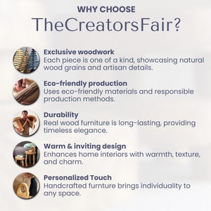 Op de afbeelding: Waarom kiezen voor The Creators Fair? Een afbeelding met vijf redenen om voor The Creators Fair te kiezen: exclusief houtwerk, milieuvriendelijke productie, duurzaamheid, warm en uitnodigend ontwerp en een persoonlijke touch.