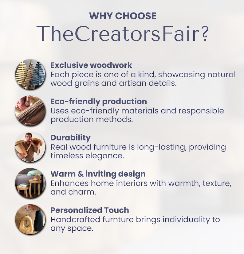 Op de afbeelding: Waarom kiezen voor The Creators Fair? Een afbeelding met vijf redenen om voor The Creators Fair te kiezen: exclusief houtwerk, milieuvriendelijke productie, duurzaamheid, warm en uitnodigend ontwerp en een persoonlijke touch.