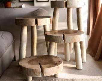 Handmade primitive stool, Wooden planter stand, Rustic slice mini table, Vintage style chair,  Farmhouse decor, Driftwood stool sustainable