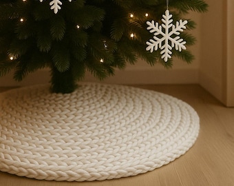 Christmas tree skirt, Xmas style chunky knitting decor, seasonal skirt for trees, handmade New Year decor, white tree skirt, gift for granny