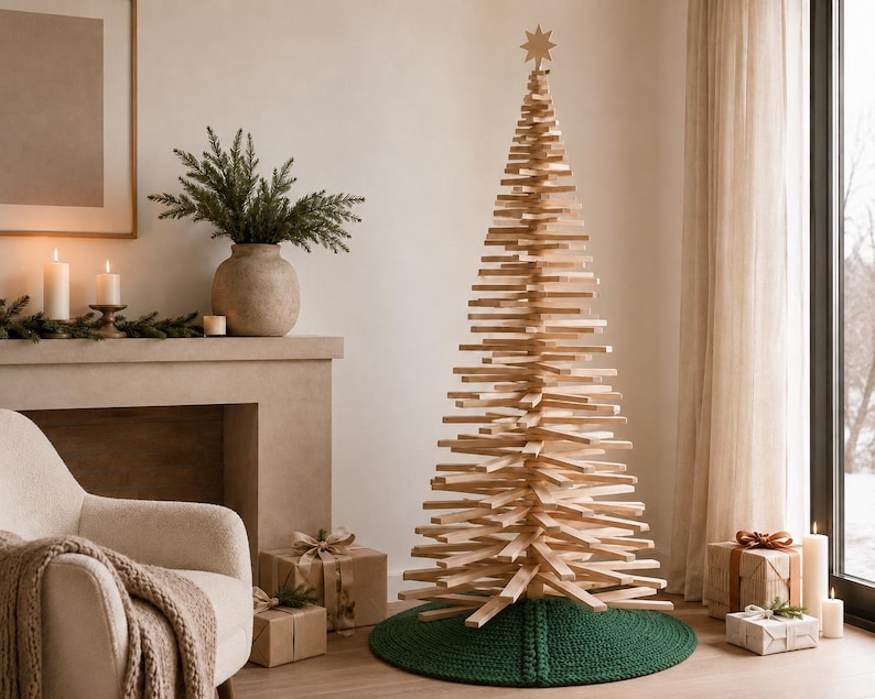 May include: A tall, conical Christmas tree constructed from stacked horizontal light-colored wooden slats, featuring a star-shaped topper and resting on a circular, dark green crocheted tree skirt on the floor.