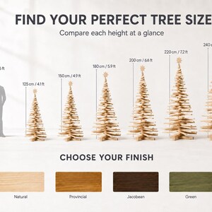 May include: A size comparison chart for wooden Christmas trees featuring heights of 125 cm, 150 cm, 180 cm, 200 cm, 220 cm, and 240 cm. The text reads FIND YOUR PERFECT TREE SIZE and CHOOSE YOUR FINISH with color swatches labeled Natural, Provincial, Jacobean, and Green.