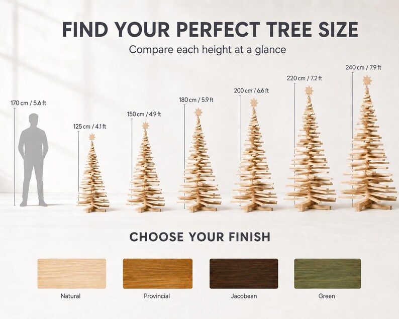 May include: A size comparison chart for wooden Christmas trees featuring heights of 125 cm, 150 cm, 180 cm, 200 cm, 220 cm, and 240 cm. The text reads FIND YOUR PERFECT TREE SIZE and CHOOSE YOUR FINISH with color swatches labeled Natural, Provincial, Jacobean, and Green.