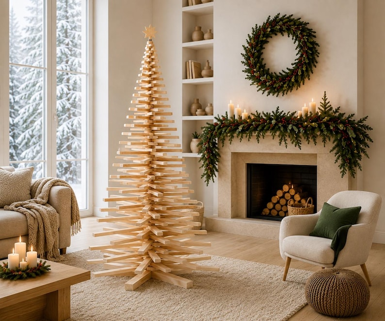 May include: A tall, conical Christmas tree constructed from stacked, horizontal light-colored wooden slats. The tree features a star-shaped topper and a central vertical support, standing as a sculptural piece in a living room setting.