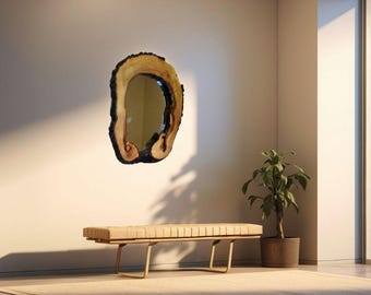 Handmade walnut framed mirror, asymmetrical mirror, unusual live edge mirror, walnut slice mirror, rustic wall decor, nature lover gift