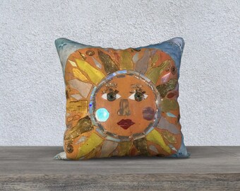 Sun pillow with patterned back original art by Brushy Creek