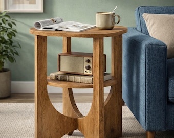 Mid-Century Modern 2-Tier End Table, Honey Brown Compact Side Table