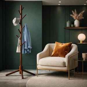 New Zealand Pine Wood Coat Rack, 8 Hooks, Adjustable Height Hall Tree