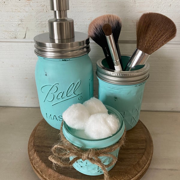 3 piece mason jar bathroom set, rustic farmhouse bathroom decor, coastal bathroom decor, distressed painted mason jars, soap pump mason jar