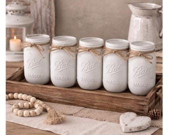 Set of 4 Distressed White Quart Size Mason Jars - Wedding Shower Centerpieces