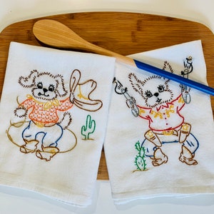 Cowboy Pup Hand-embroidered Dish Towels