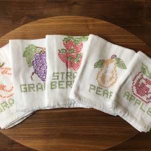 Cross Stitch Fruit set of 5 Hand Embroidered Dish Towels