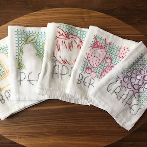 Vintage Fruit set of 5 Hand Embroidered Dish Towels