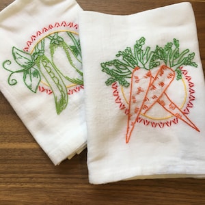 Peas and Carrots Hand-embroidered Dish Towels