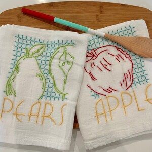 Vintage Fruit Hand Embroidered Dish Towels - Apples/Pears