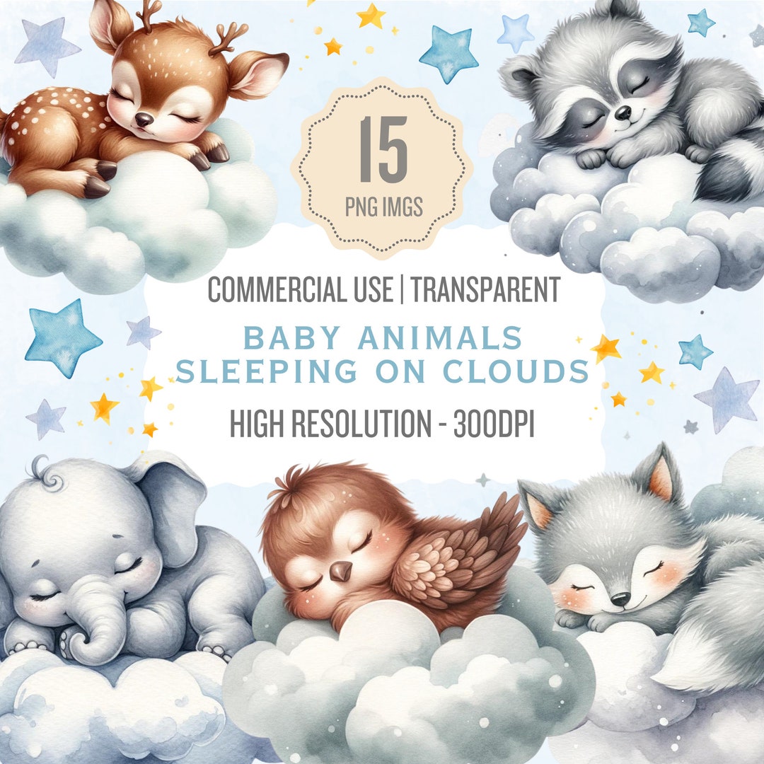 Baby Animals Sleeping on Clouds Clipart, Nursery Clipart, Nursery Wall ...